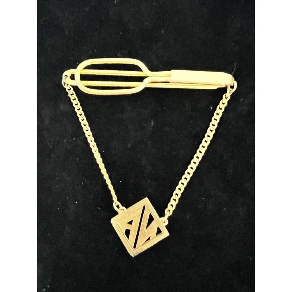 VTG 1940s Swank Tie Bar Drop Chain Monogramed Gold Plated Pat Pend. #1855985